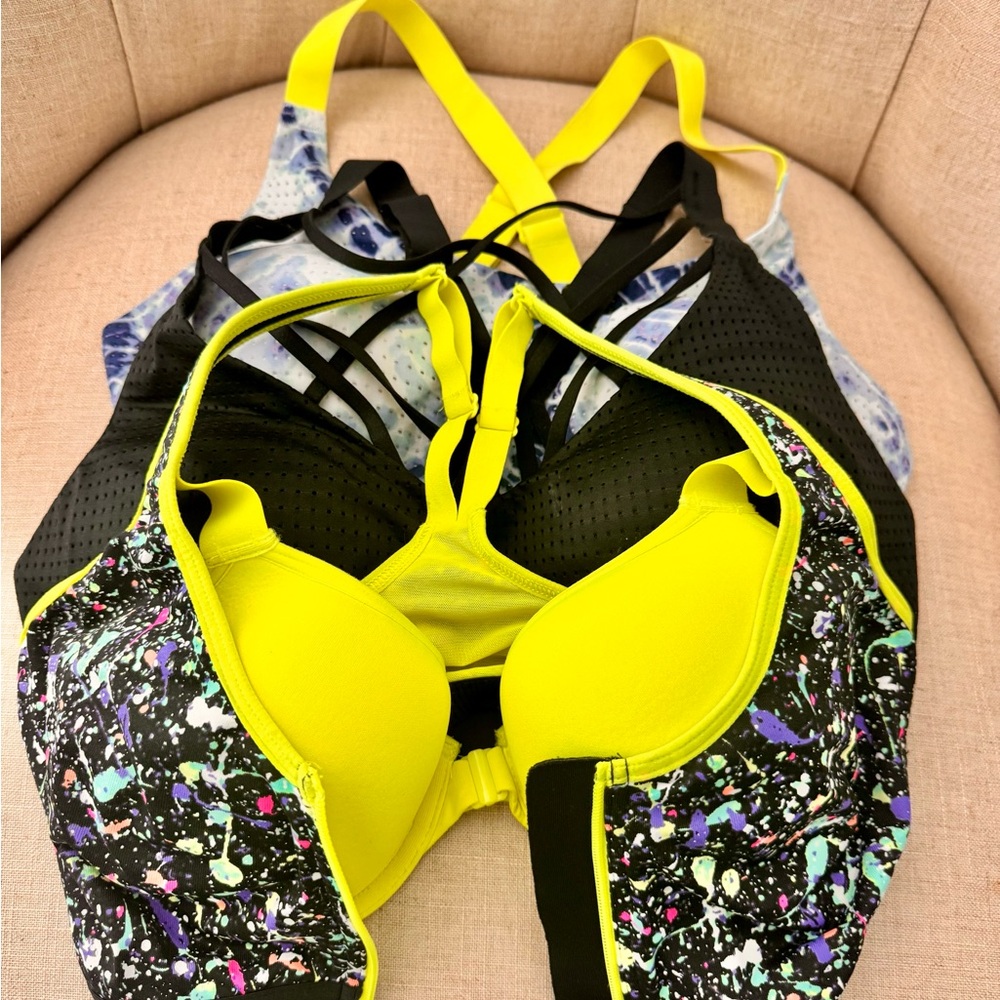 Victoria's Secret Neon Yellow and blueand multi color zip Sports Bra set of 2